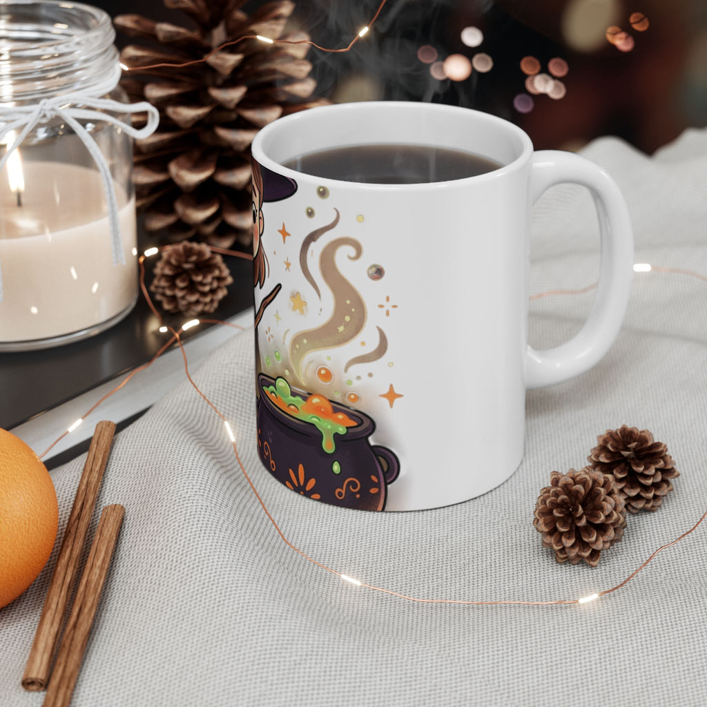 Halloween Cute Witch Ceramic Mug — Adorable Little Witch with Cauldron (11oz & 15oz)