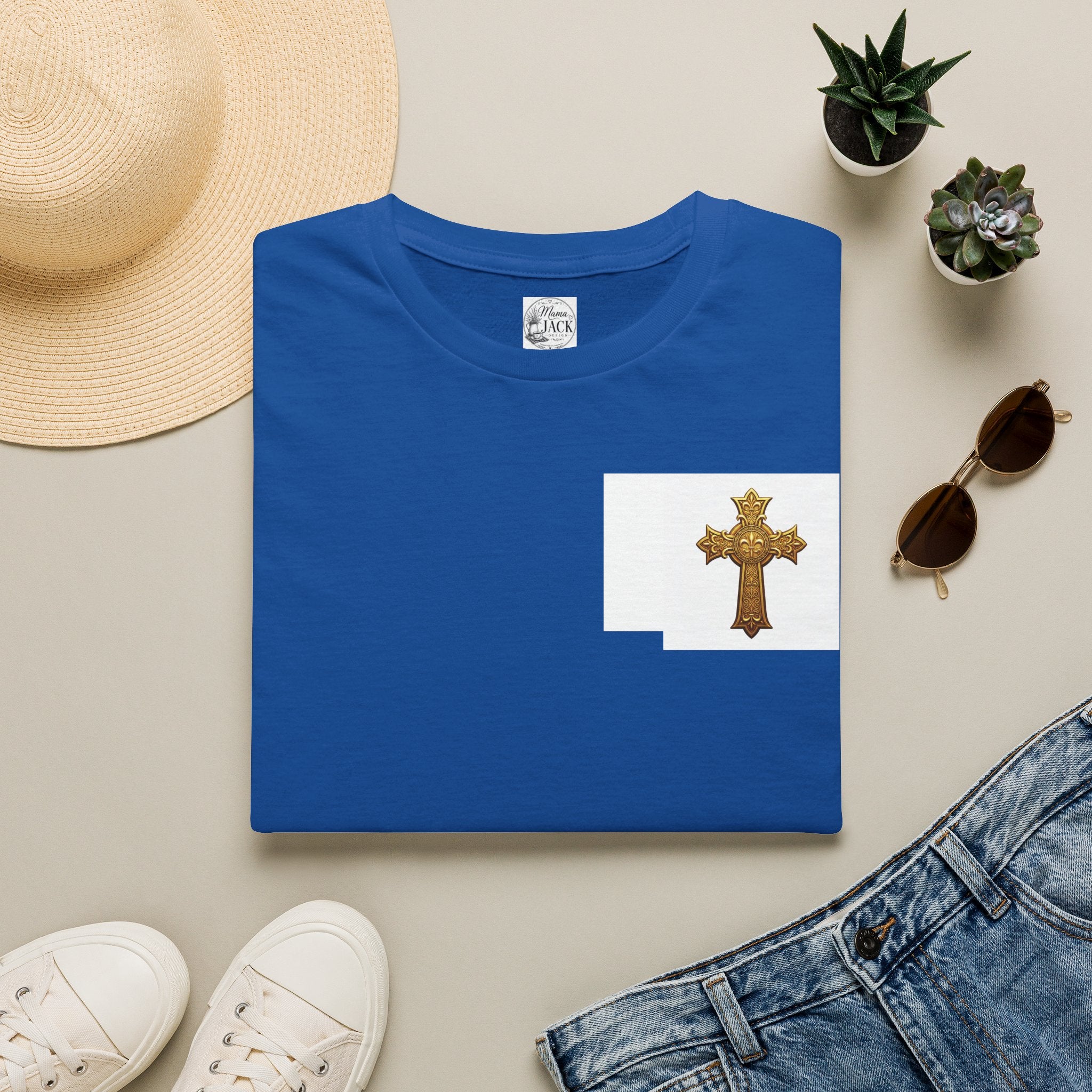 Gold Celtic Cross Pocket T‑Shirt — Small Chest Cross Christian Tee