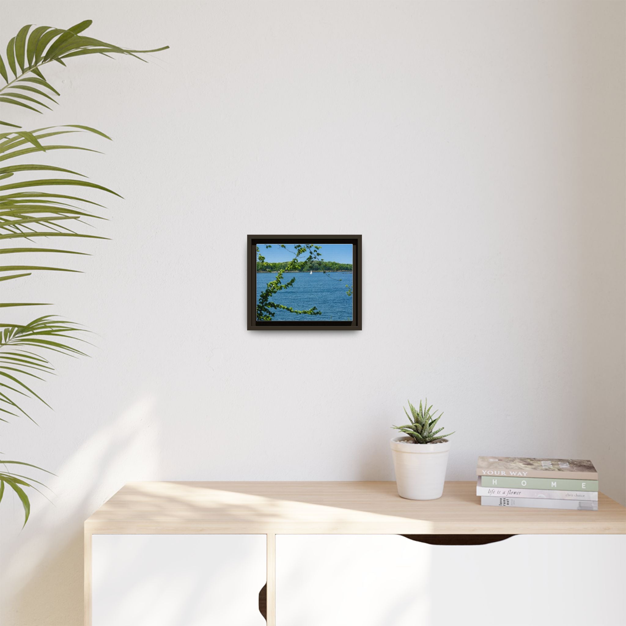 Framed Matte Canvas Print — Lakeside Sailboat Wall Art