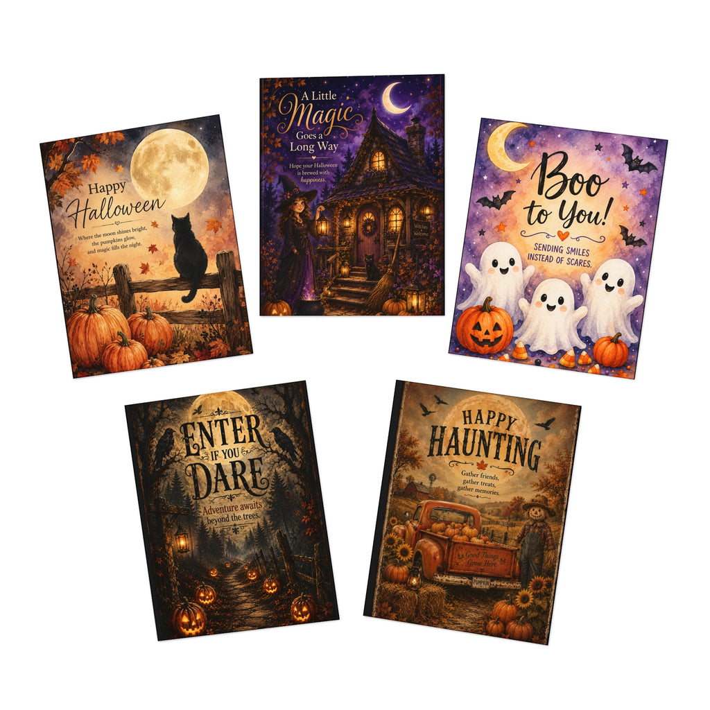 Halloween Greeting Cards 5-Pack — Assorted Spooky & Cute Designs (Boo to You, Happy Haunting, Enter If You Dare)