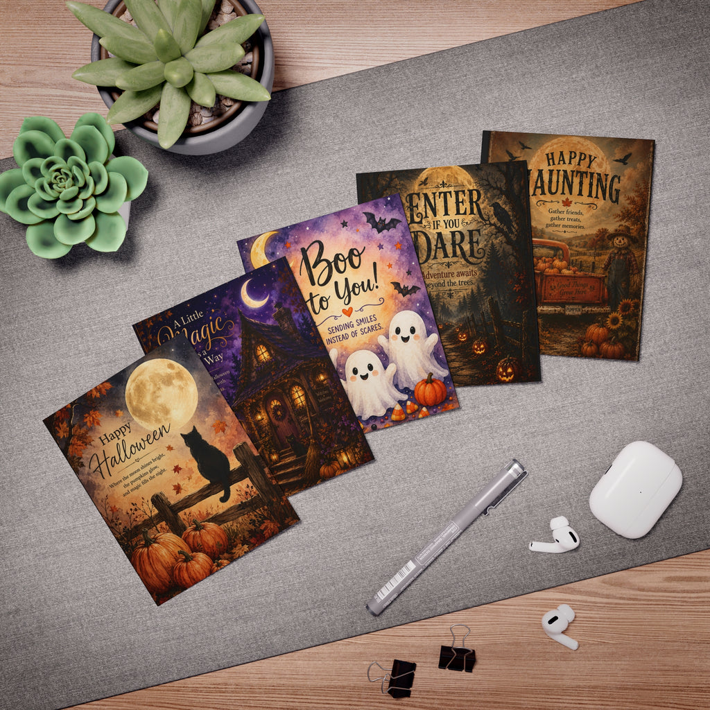 Halloween Greeting Cards 5-Pack — Assorted Spooky & Cute Designs (Boo to You, Happy Haunting, Enter If You Dare)