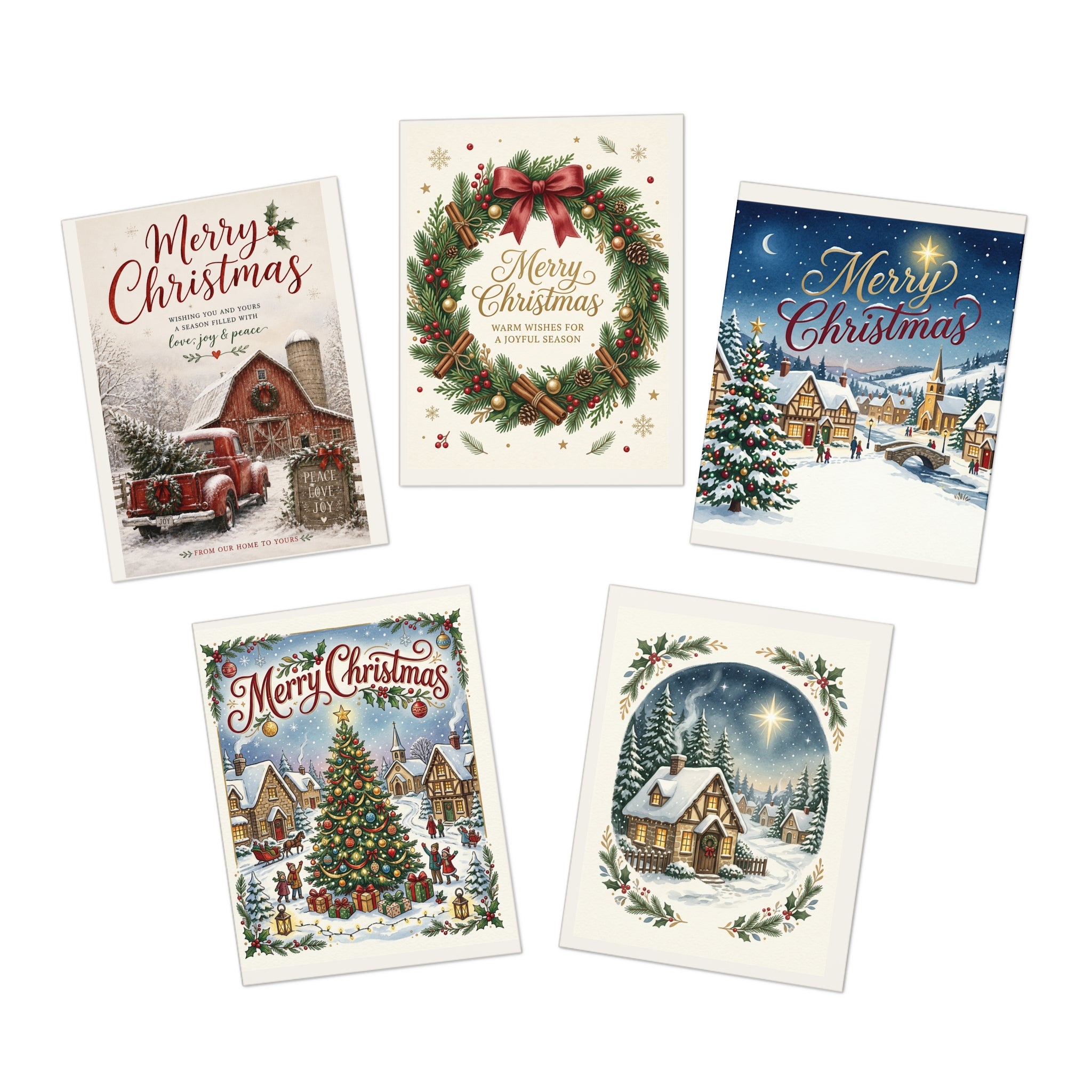 Vintage Christmas Greeting Cards — 5-Pack Assorted Holiday Scenes (Merry Christmas)