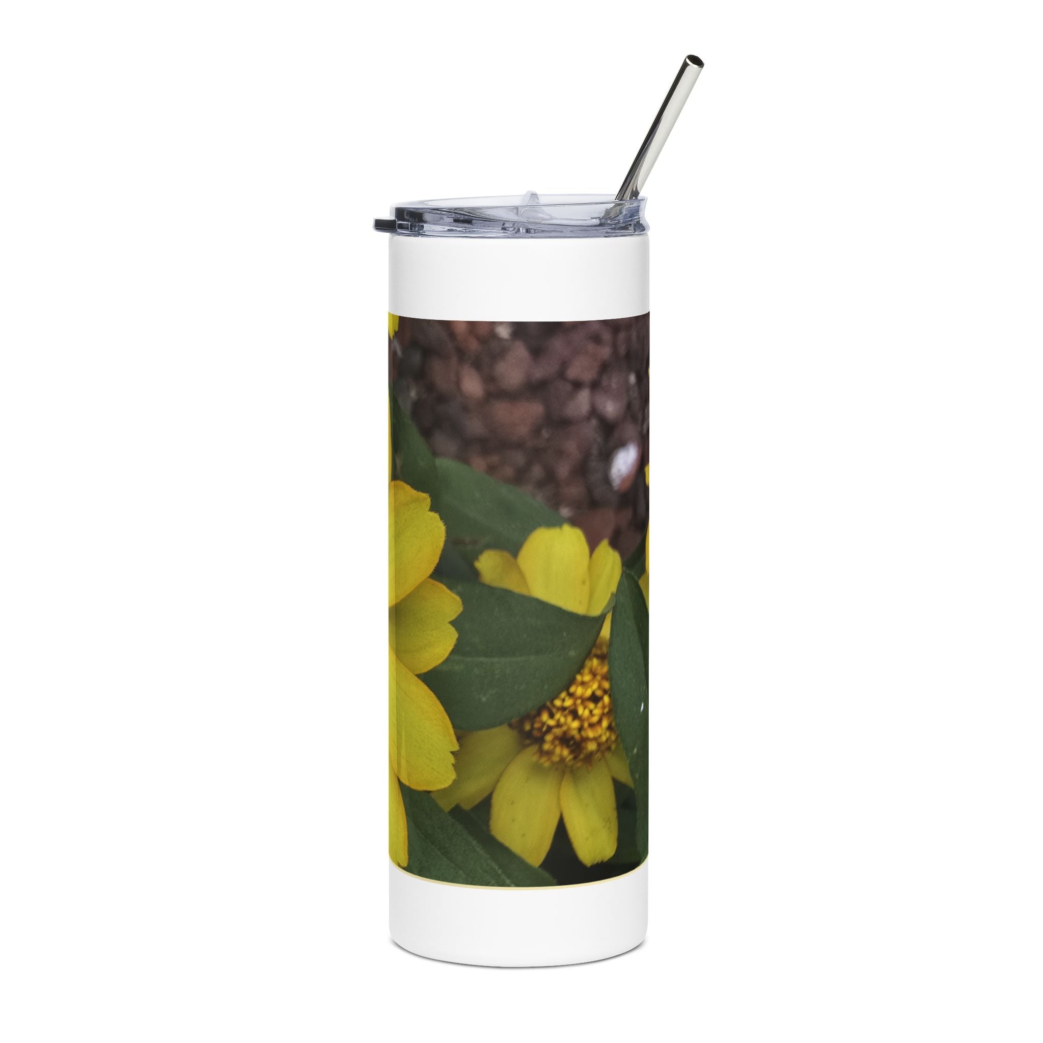 20oz Stainless Tumbler with Bright Yellow Daisy Photo – Insulated Floral Travel Cup