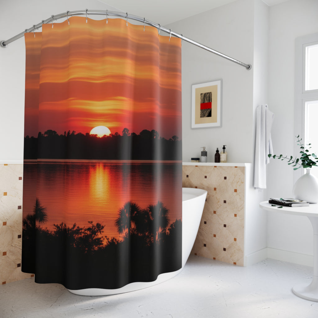 Sunset Reflection Shower Curtain — Tropical Lake Bathroom Decor