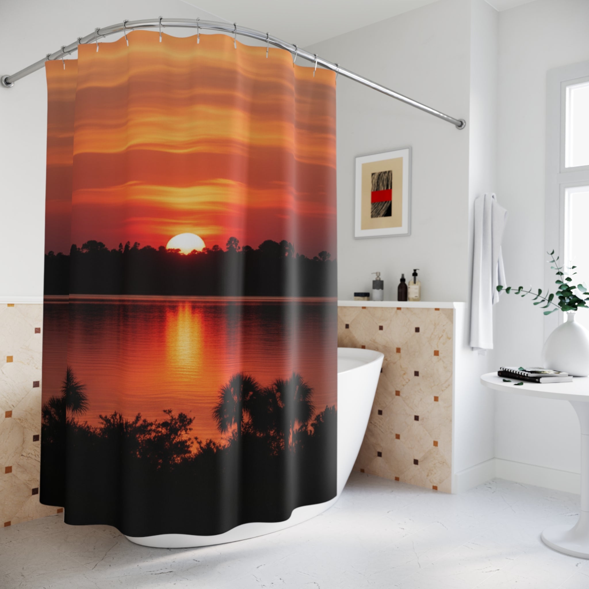 Sunset Reflection Shower Curtain — Tropical Lake Bathroom Decor