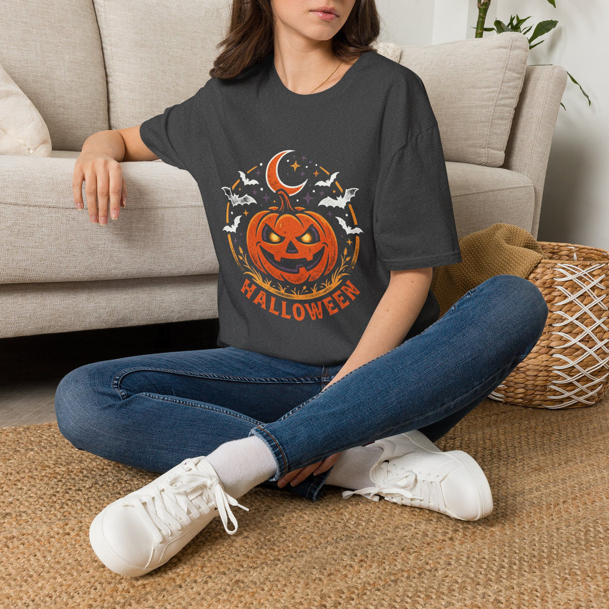 Halloween Pumpkin Tee — Jack-O'-Lantern Moon & Bats Graphic T-Shirt
