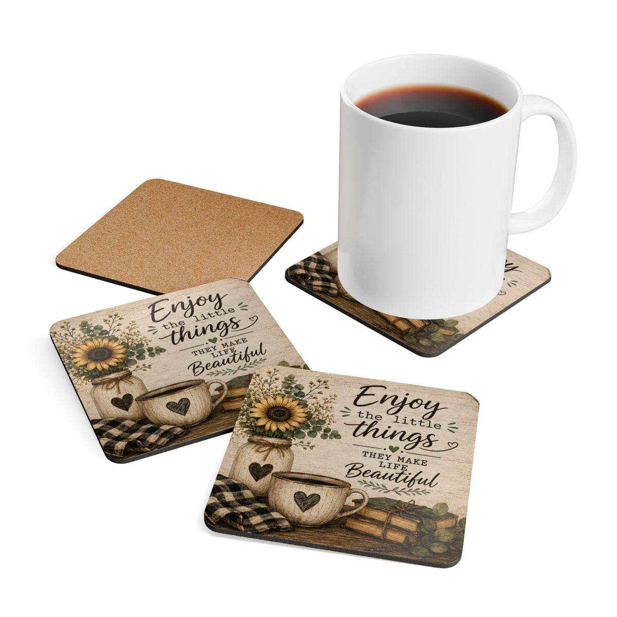 Enjoy the Little Things Cork Coaster Set – Rustic Sunflower Kitchen Decor (4-Pack)