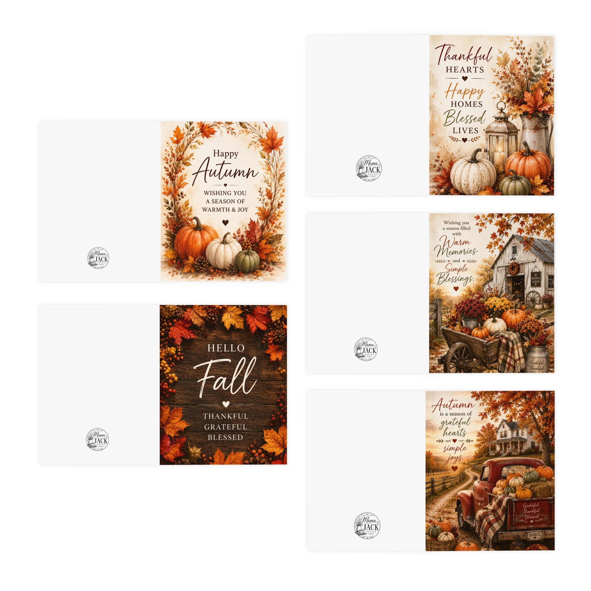 Autumn Harvest Greeting Cards 5-Pack — Hello Fall & Thankful Messages