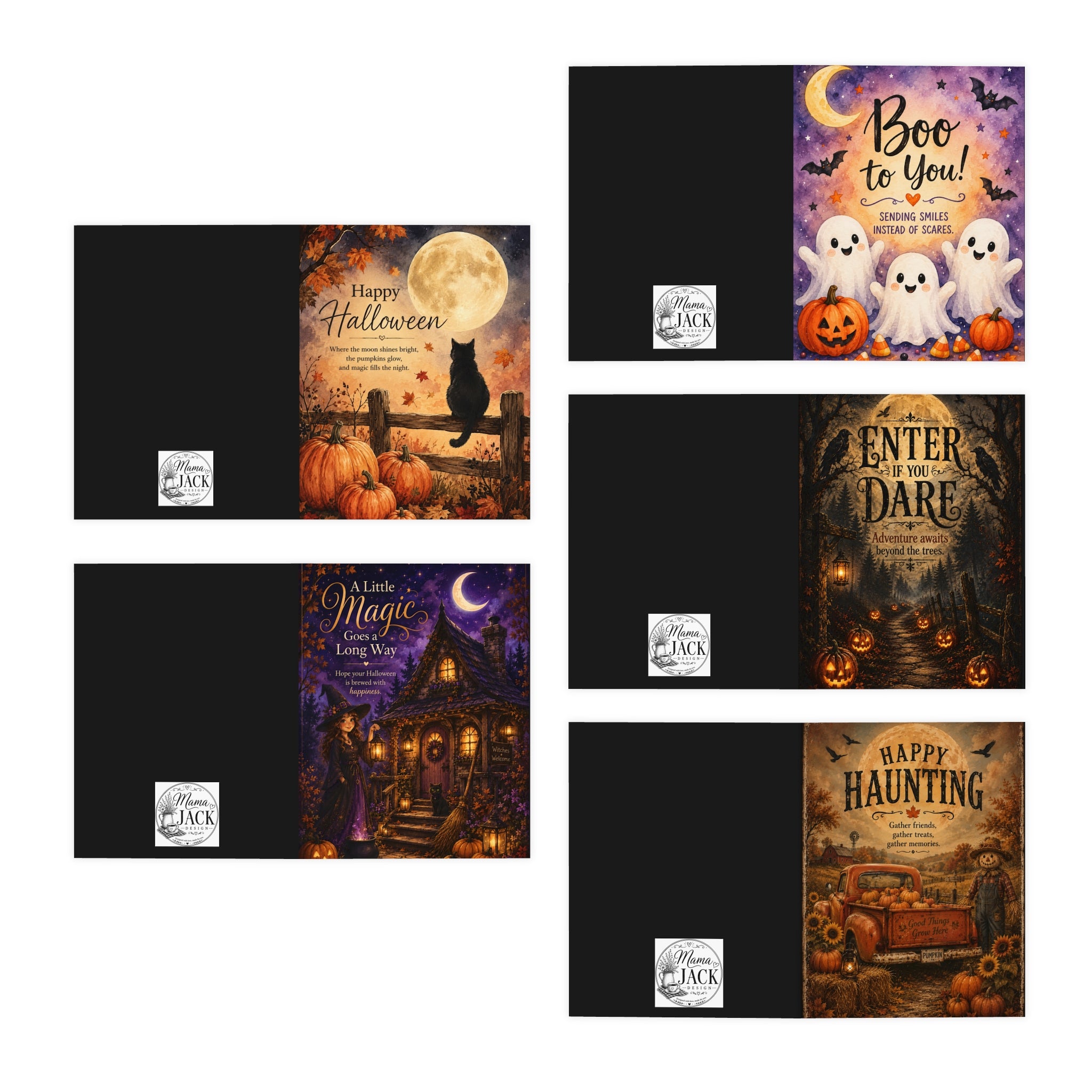 Halloween Greeting Cards 5-Pack — Assorted Spooky & Cute Designs (Boo to You, Happy Haunting, Enter If You Dare)