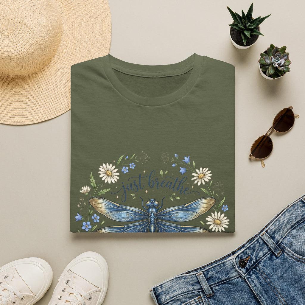 T-Shirt — "Just Breathe" Dragonfly Floral Relaxation Tee