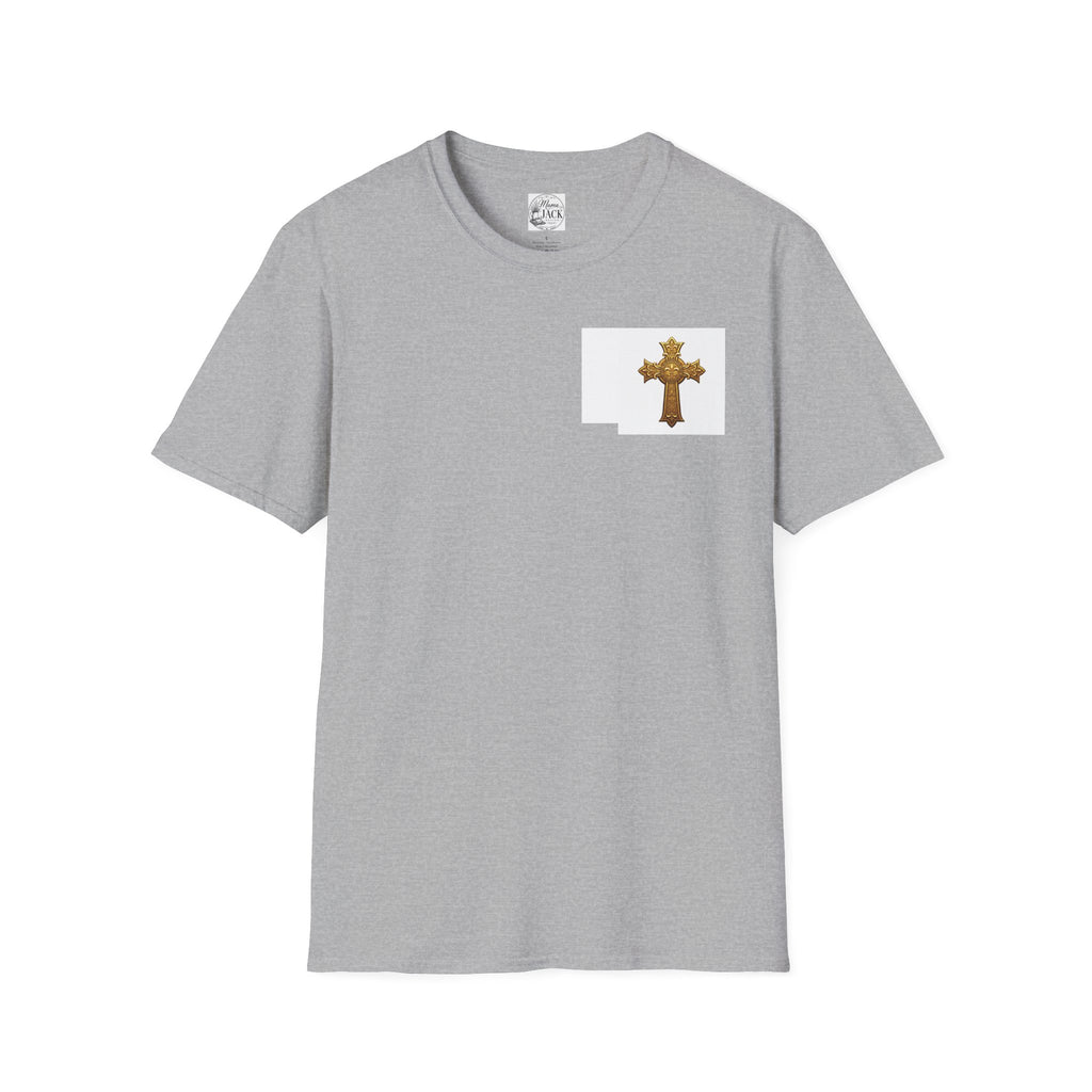 Gold Celtic Cross Pocket T‑Shirt — Small Chest Cross Christian Tee