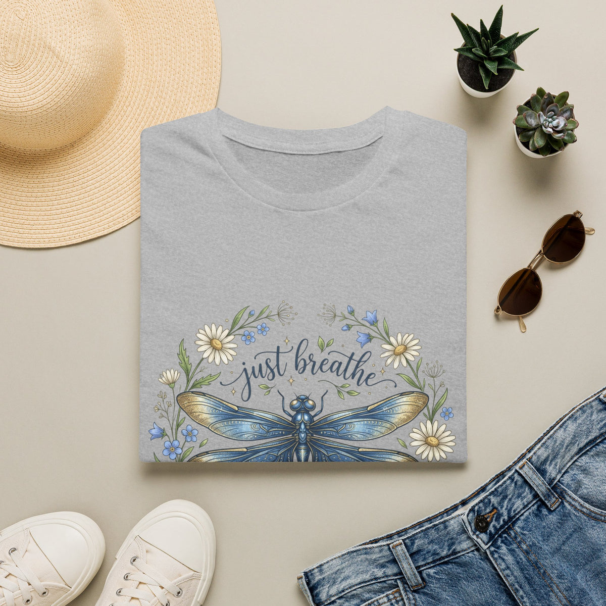 T-Shirt — "Just Breathe" Dragonfly Floral Relaxation Tee