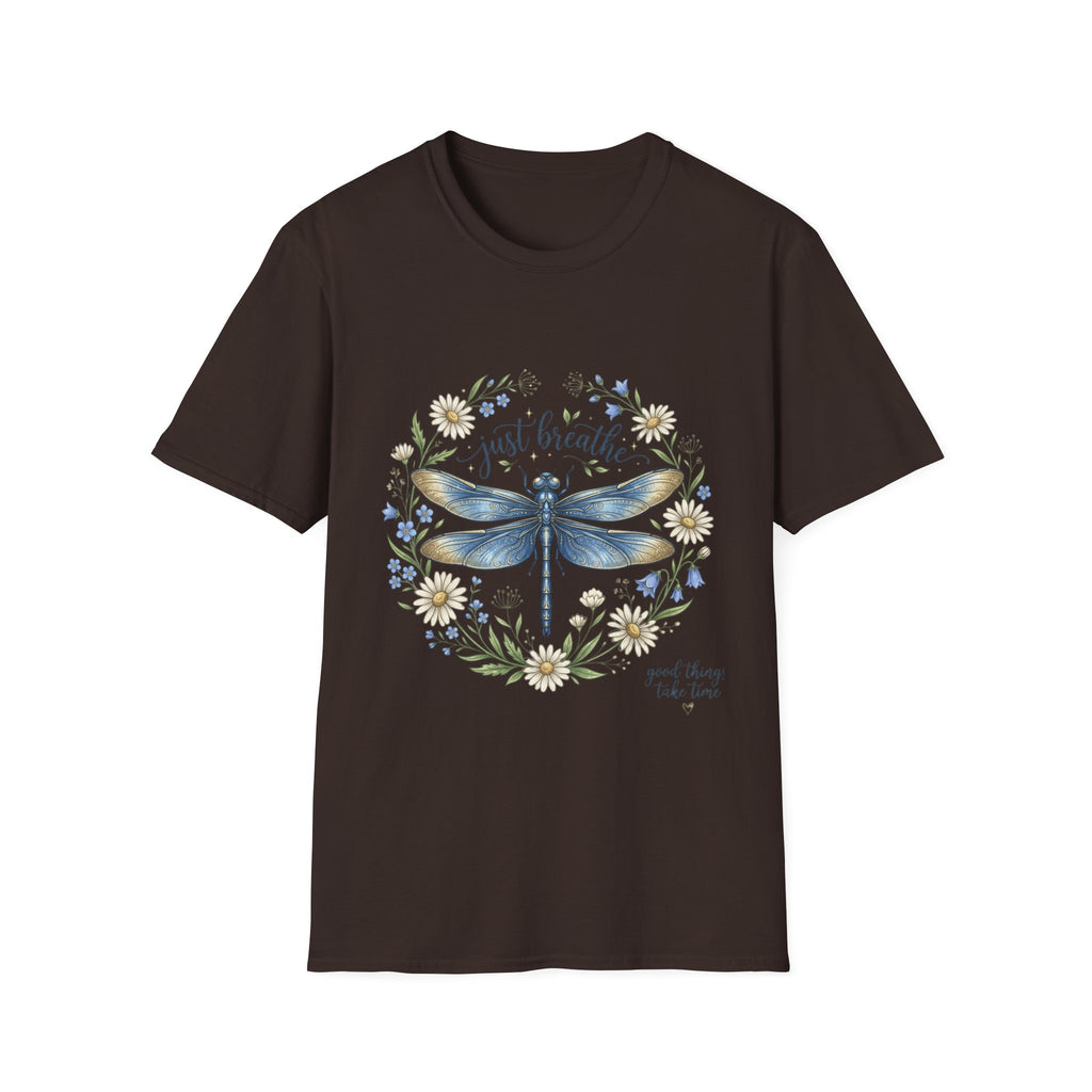 T-Shirt — "Just Breathe" Dragonfly Floral Relaxation Tee
