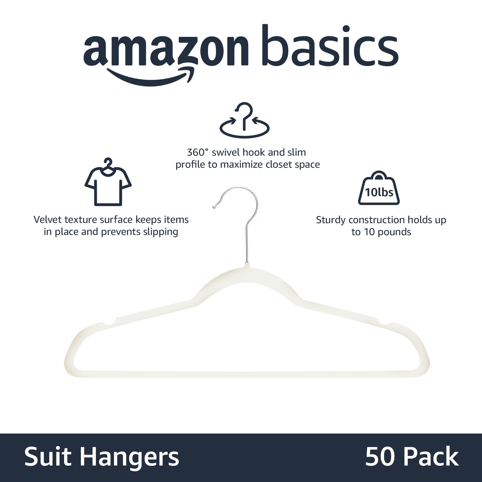 Amazon Basics Slim Velvet Non-Slip Space Saving Suit Clothes Hangers, Closet Organizer, Black, 50-Pack