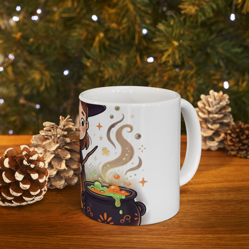 Halloween Cute Witch Ceramic Mug — Adorable Little Witch with Cauldron (11oz & 15oz)