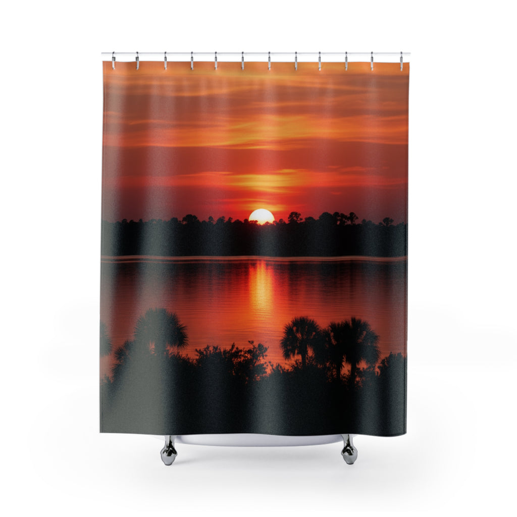 Sunset Reflection Shower Curtain — Tropical Lake Bathroom Decor