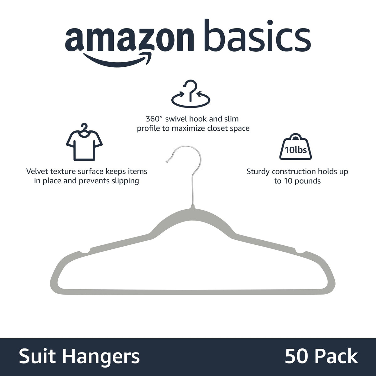 Amazon Basics Slim Velvet Non-Slip Space Saving Suit Clothes Hangers, Closet Organizer, Black, 50-Pack