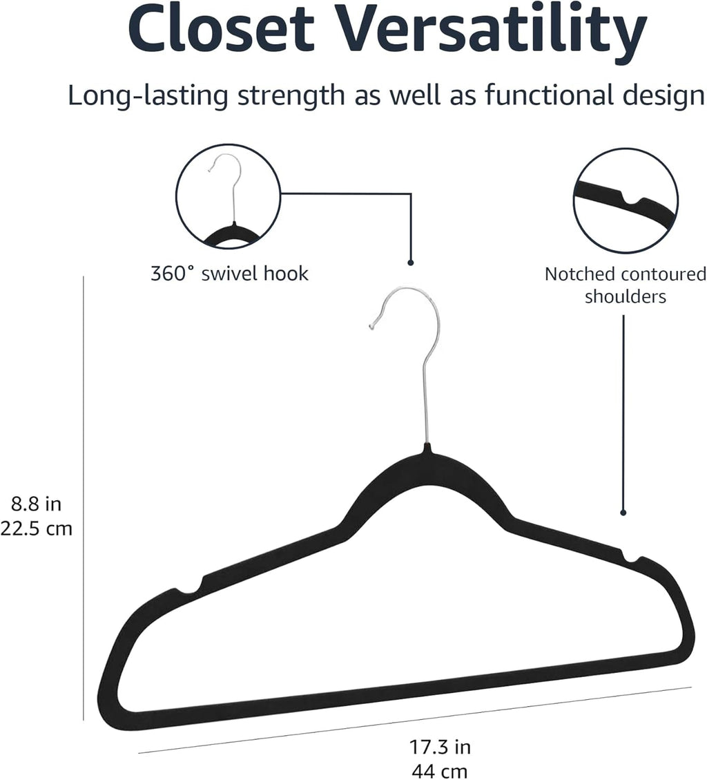 Amazon Basics Slim Velvet Non-Slip Space Saving Suit Clothes Hangers, Closet Organizer, Black, 50-Pack