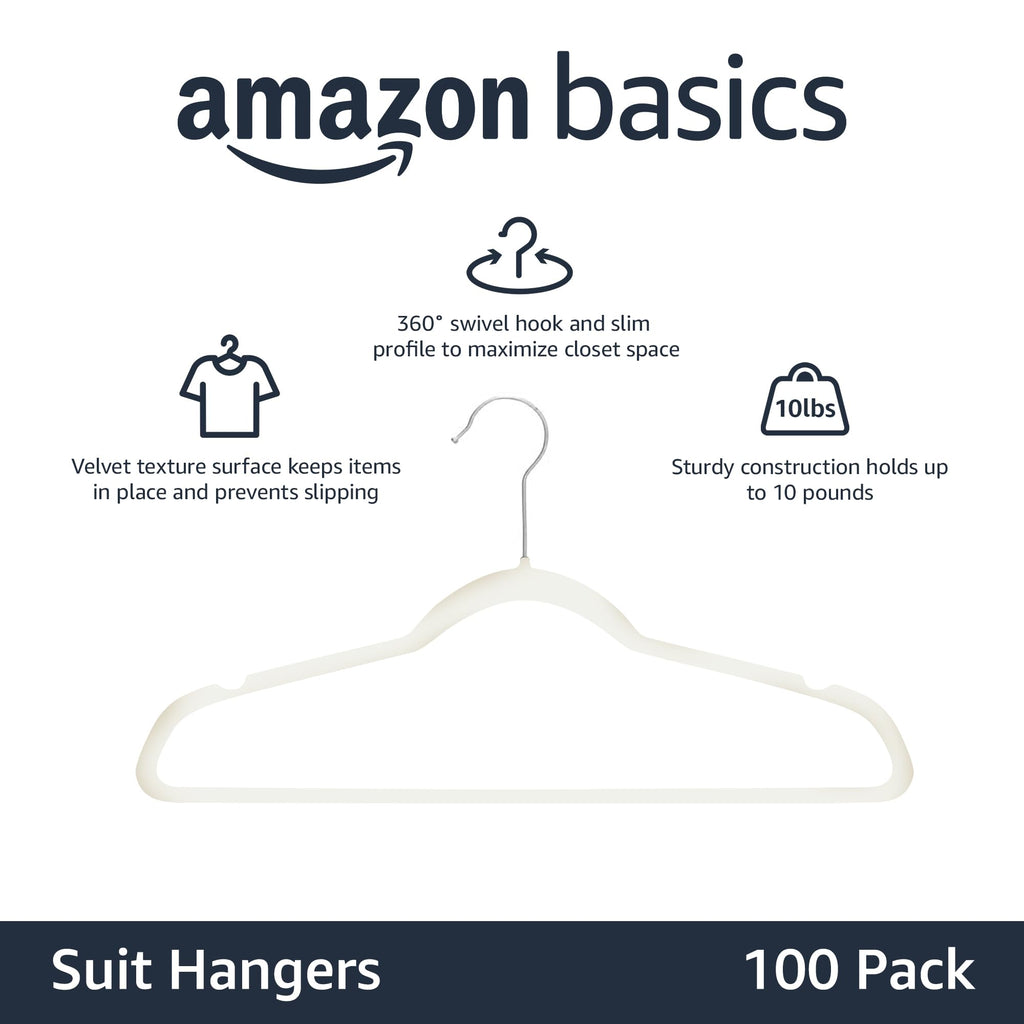 Amazon Basics Slim Velvet Non-Slip Space Saving Suit Clothes Hangers, Closet Organizer, Black, 50-Pack