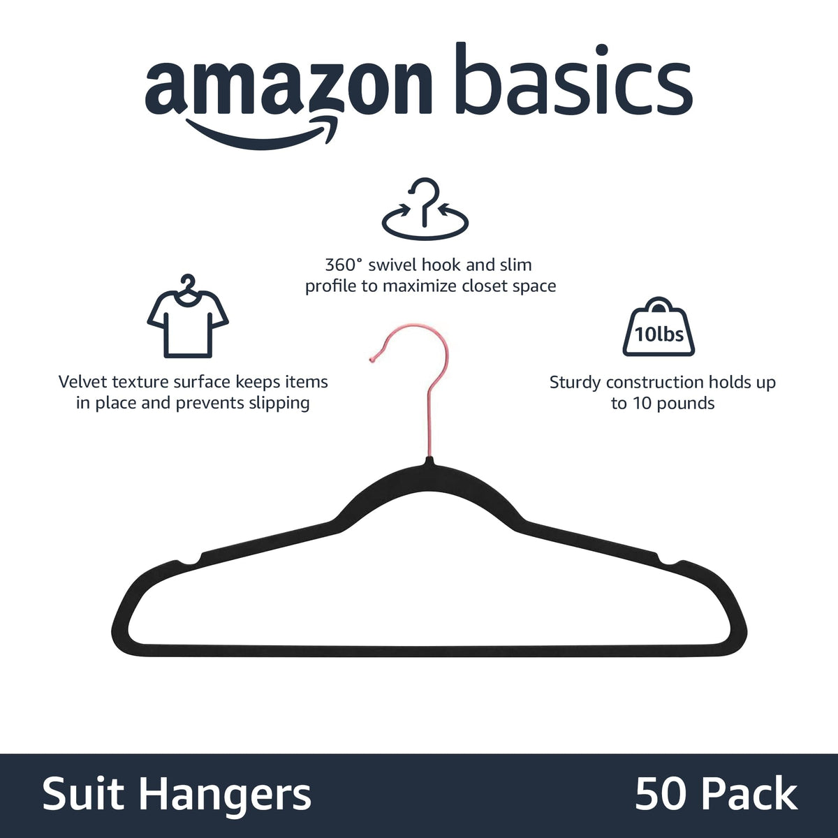 Amazon Basics Slim Velvet Non-Slip Space Saving Suit Clothes Hangers, Closet Organizer, Black, 50-Pack