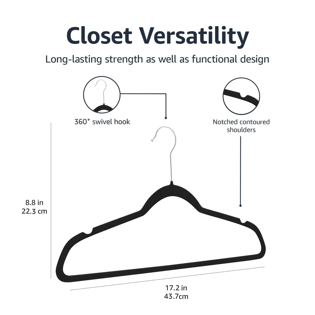 Amazon Basics Slim Velvet Non-Slip Space Saving Suit Clothes Hangers, Closet Organizer, Black, 50-Pack