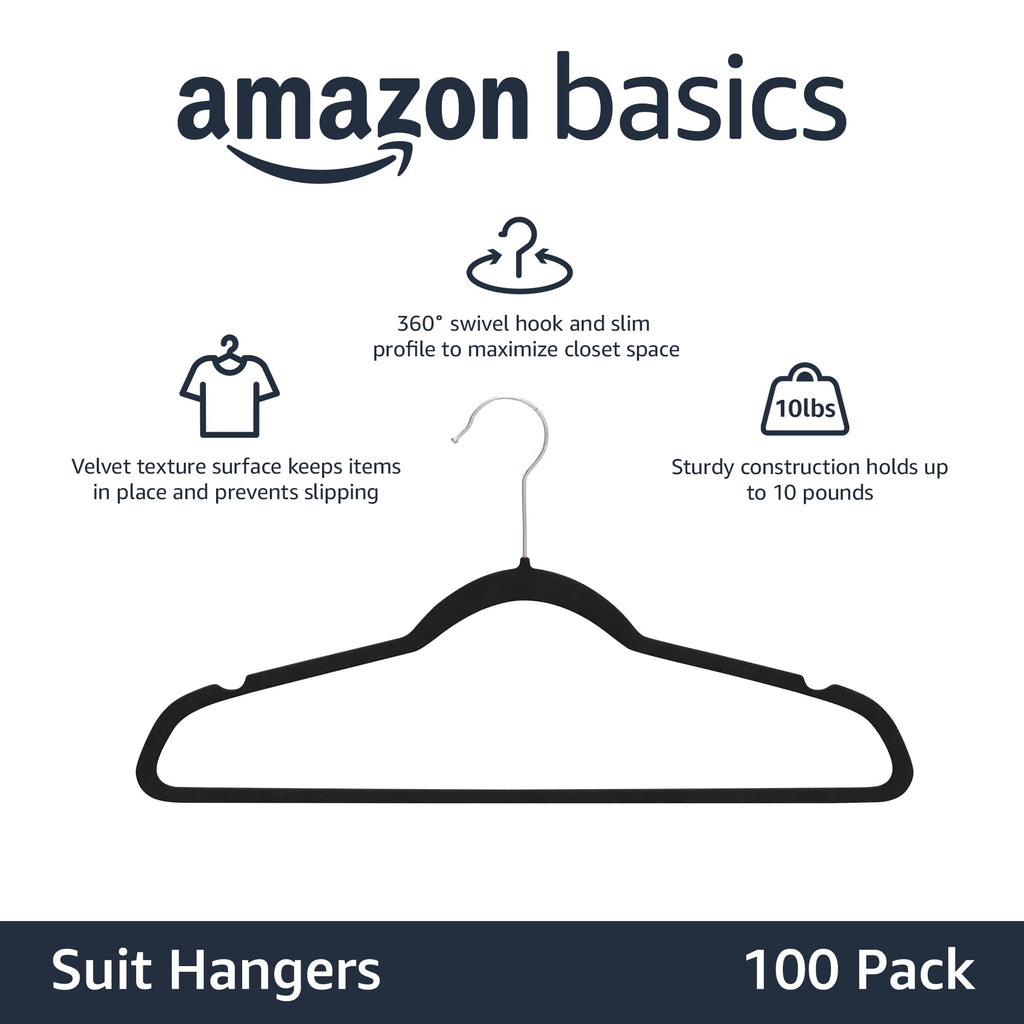 Amazon Basics Slim Velvet Non-Slip Space Saving Suit Clothes Hangers, Closet Organizer, Black, 50-Pack