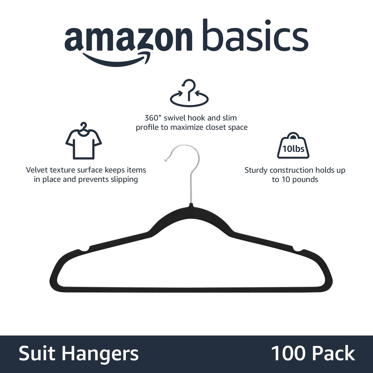 Amazon Basics Slim Velvet Non-Slip Space Saving Suit Clothes Hangers, Closet Organizer, Black, 50-Pack