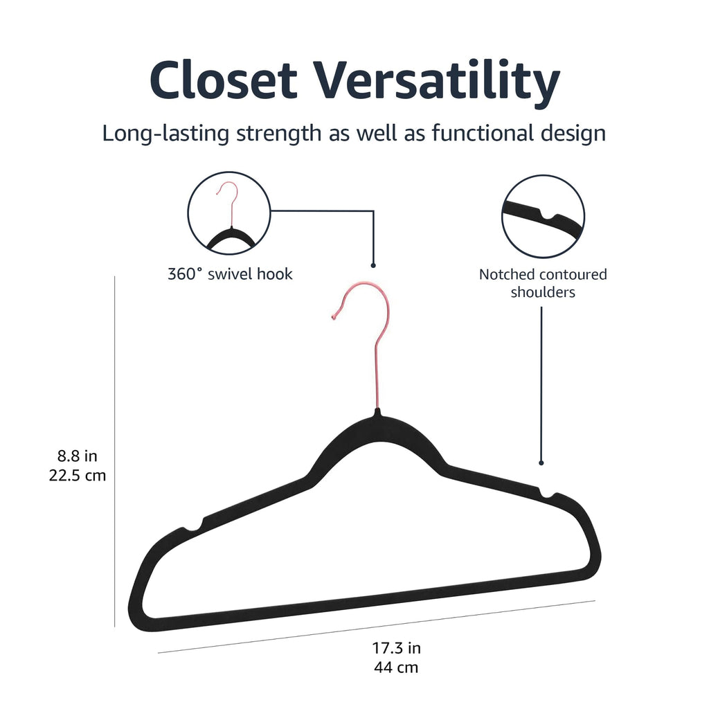 Amazon Basics Slim Velvet Non-Slip Space Saving Suit Clothes Hangers, Closet Organizer, Black, 50-Pack