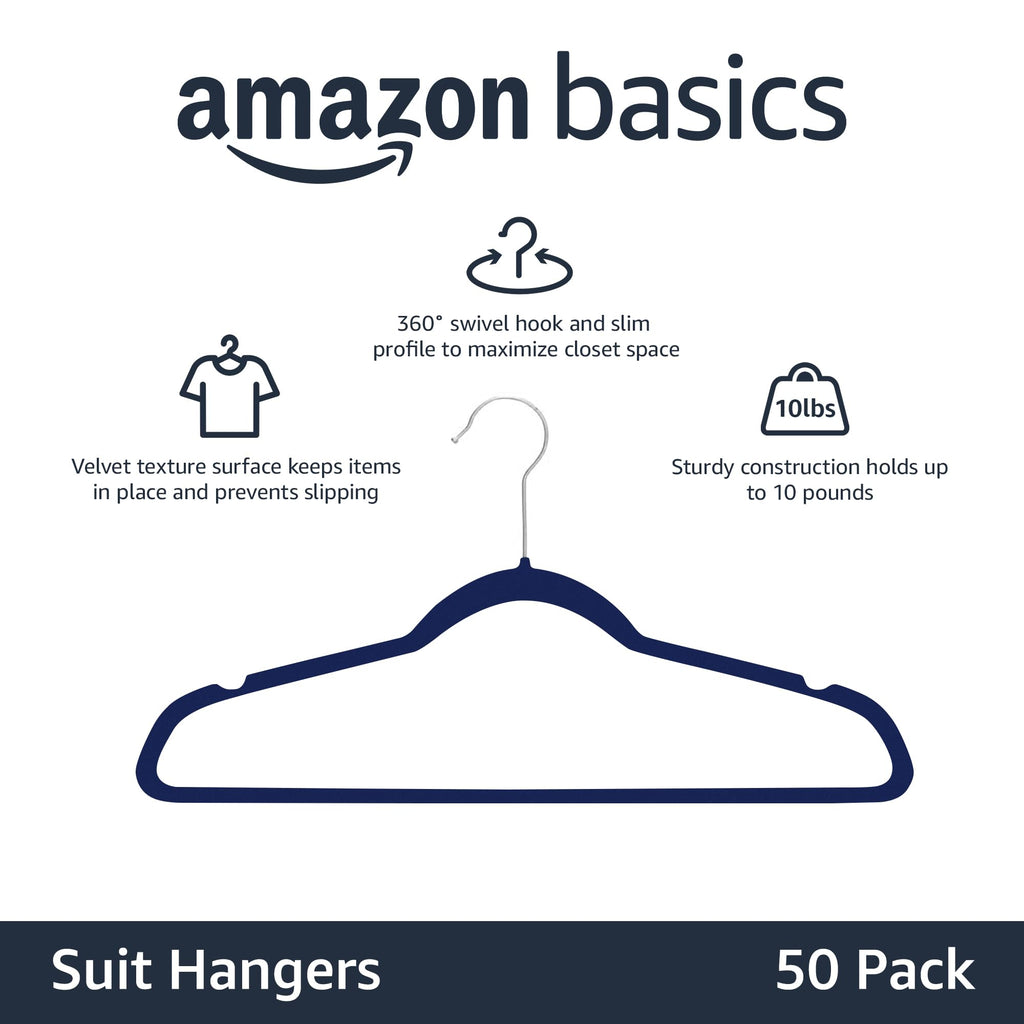 Amazon Basics Slim Velvet Non-Slip Space Saving Suit Clothes Hangers, Closet Organizer, Black, 50-Pack