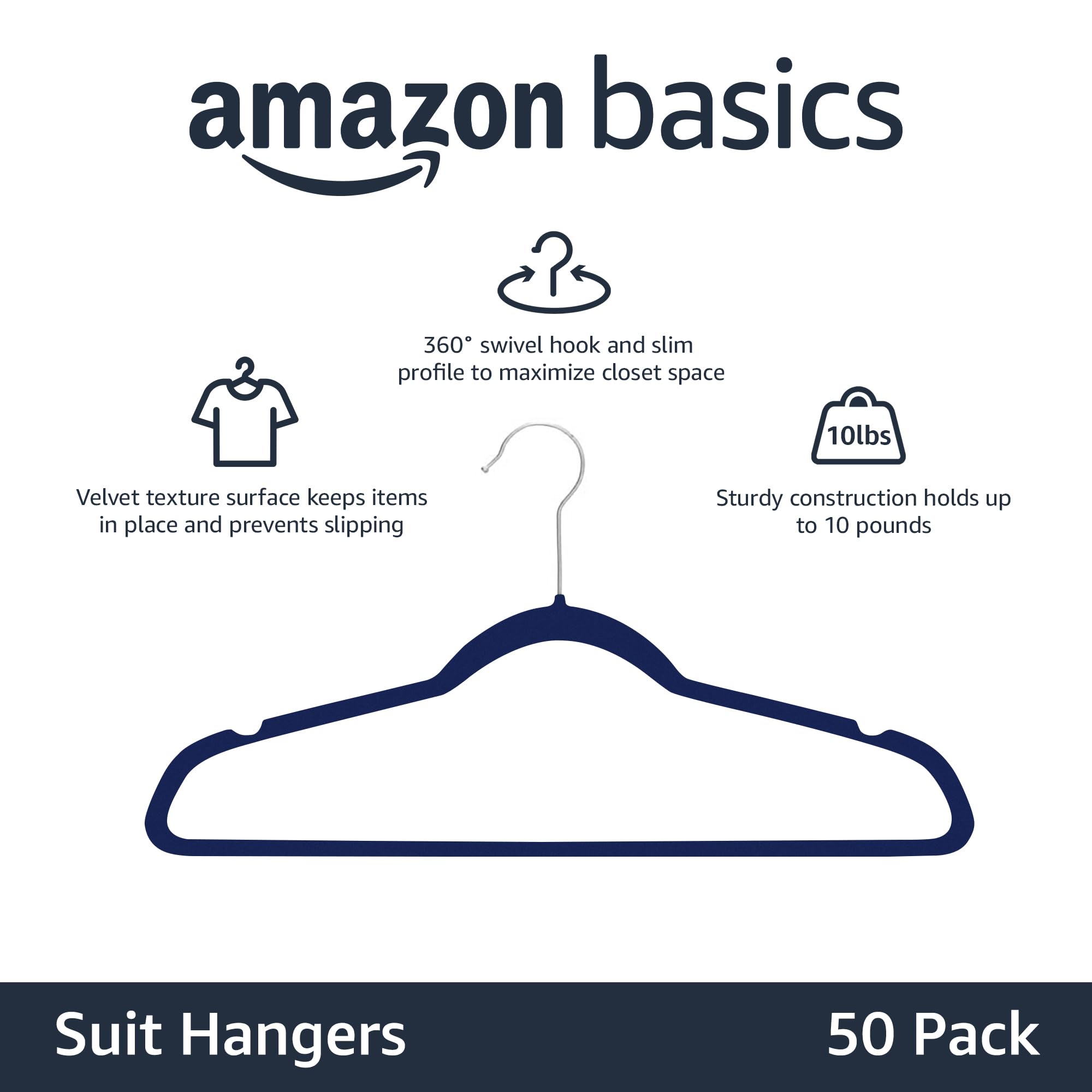 Amazon Basics Slim Velvet Non-Slip Space Saving Suit Clothes Hangers, Closet Organizer, Black, 50-Pack