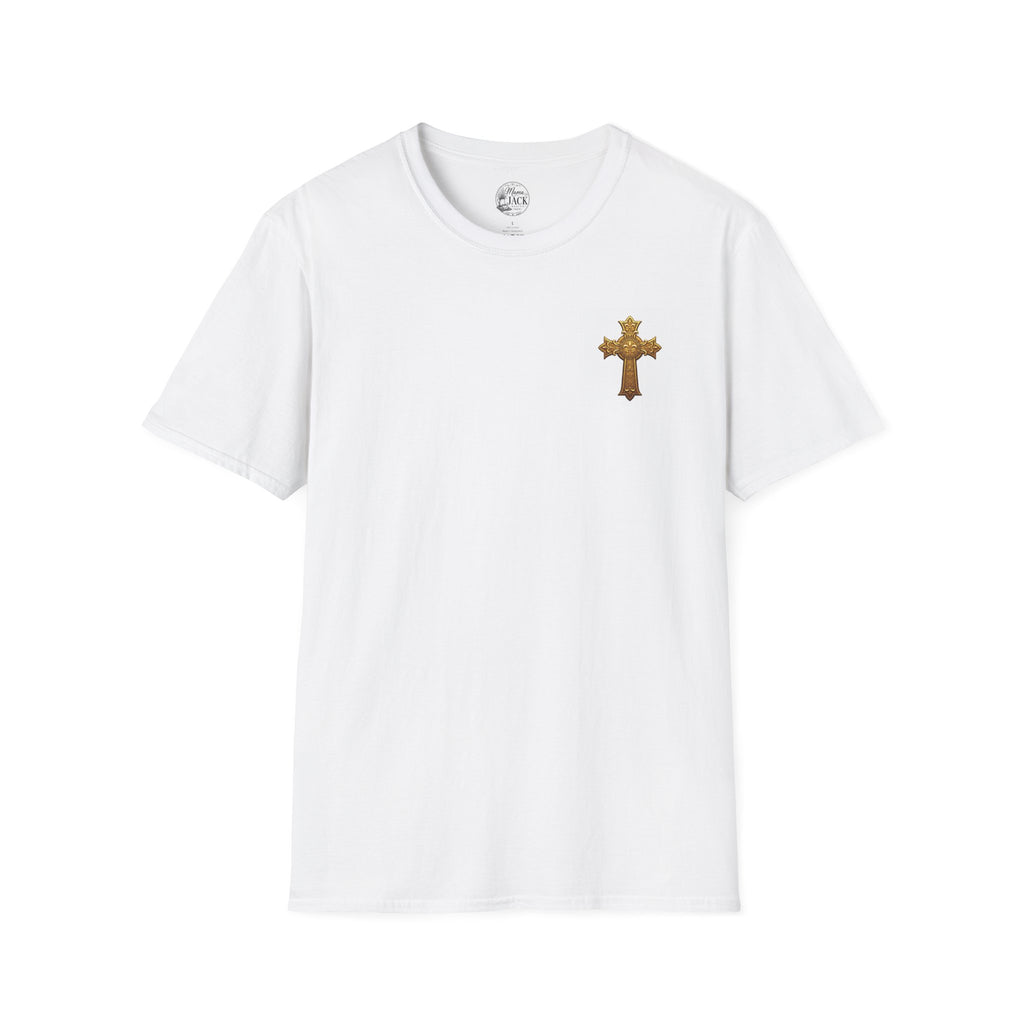 Gold Celtic Cross Pocket T‑Shirt — Small Chest Cross Christian Tee