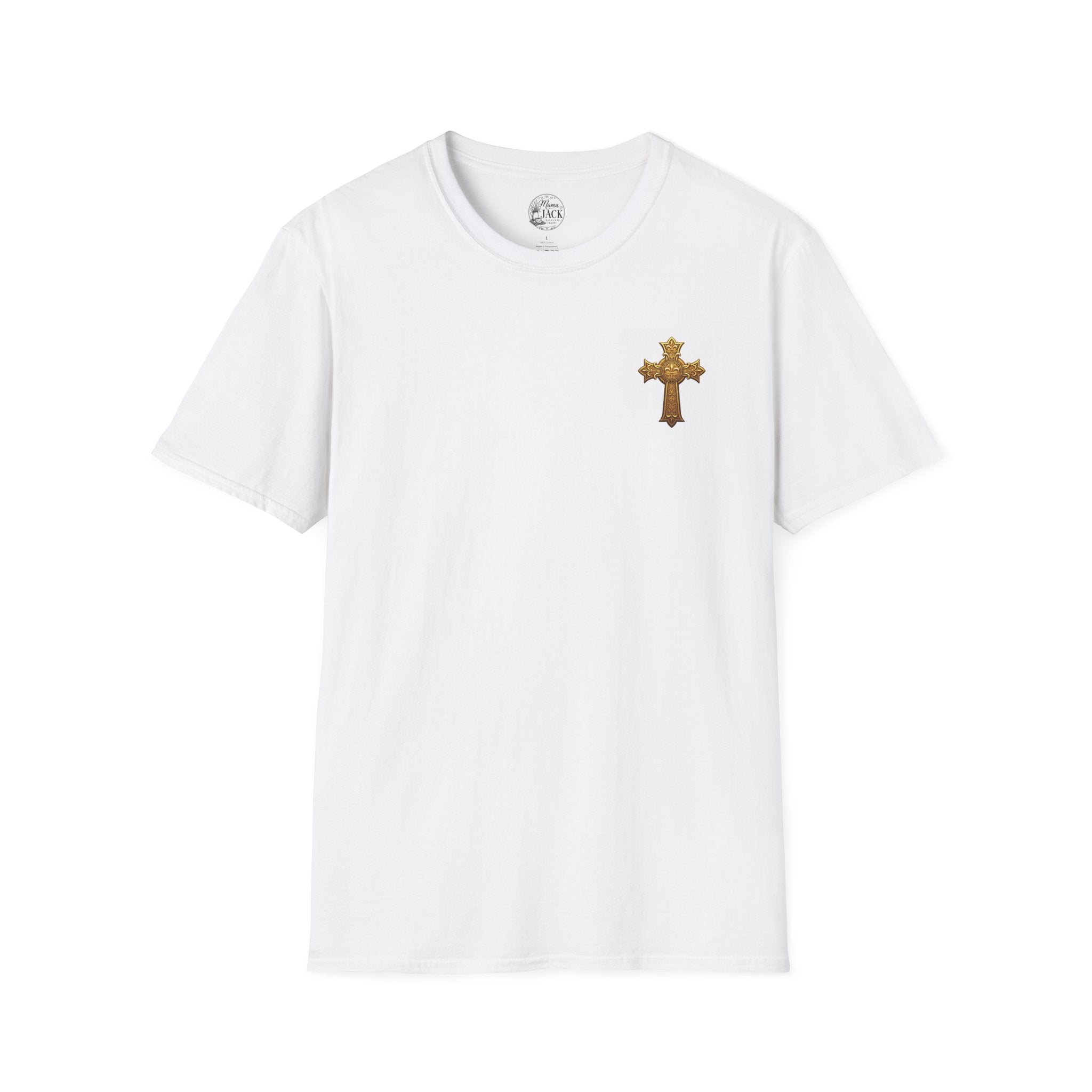 Gold Celtic Cross Pocket T‑Shirt — Small Chest Cross Christian Tee