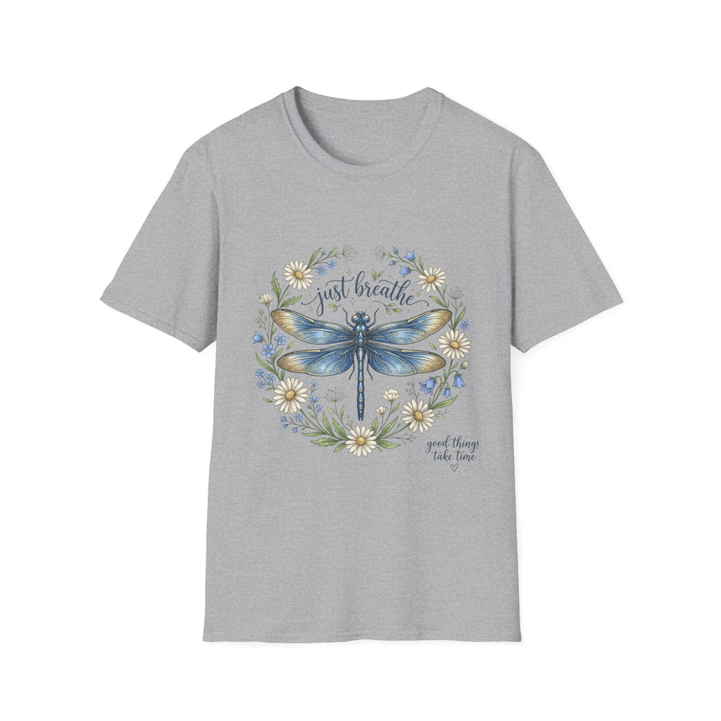 T-Shirt — "Just Breathe" Dragonfly Floral Relaxation Tee
