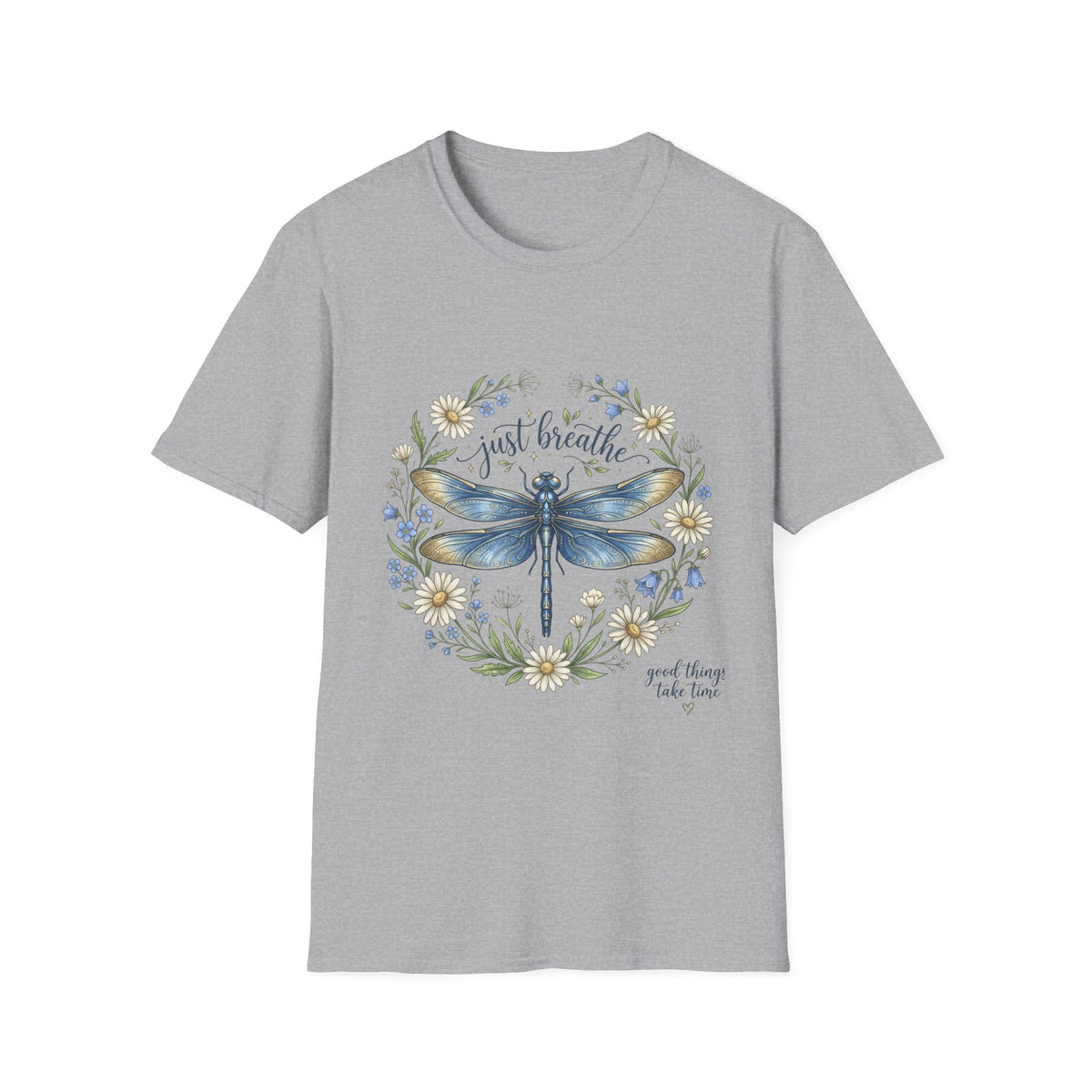T-Shirt — "Just Breathe" Dragonfly Floral Relaxation Tee