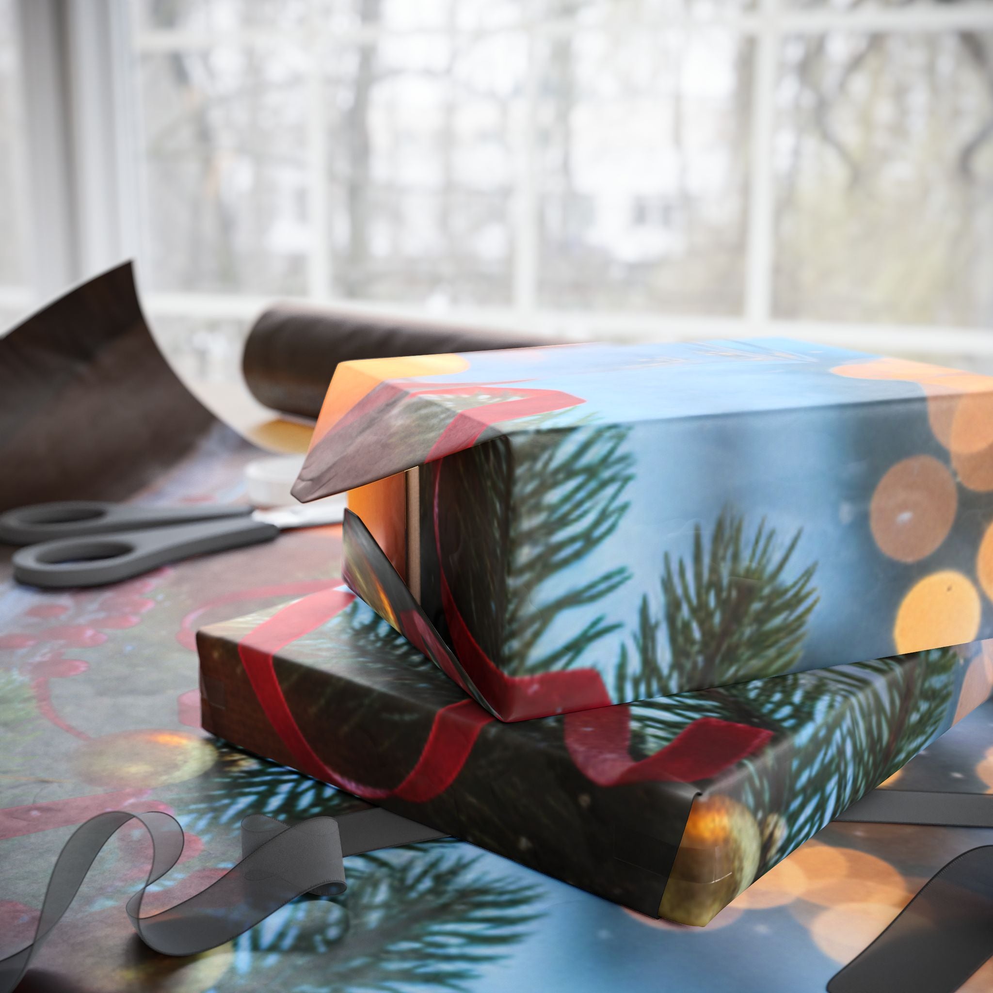 Christmas Window Scene Wrapping Paper — Holiday Candle & Tree Gift Wrap