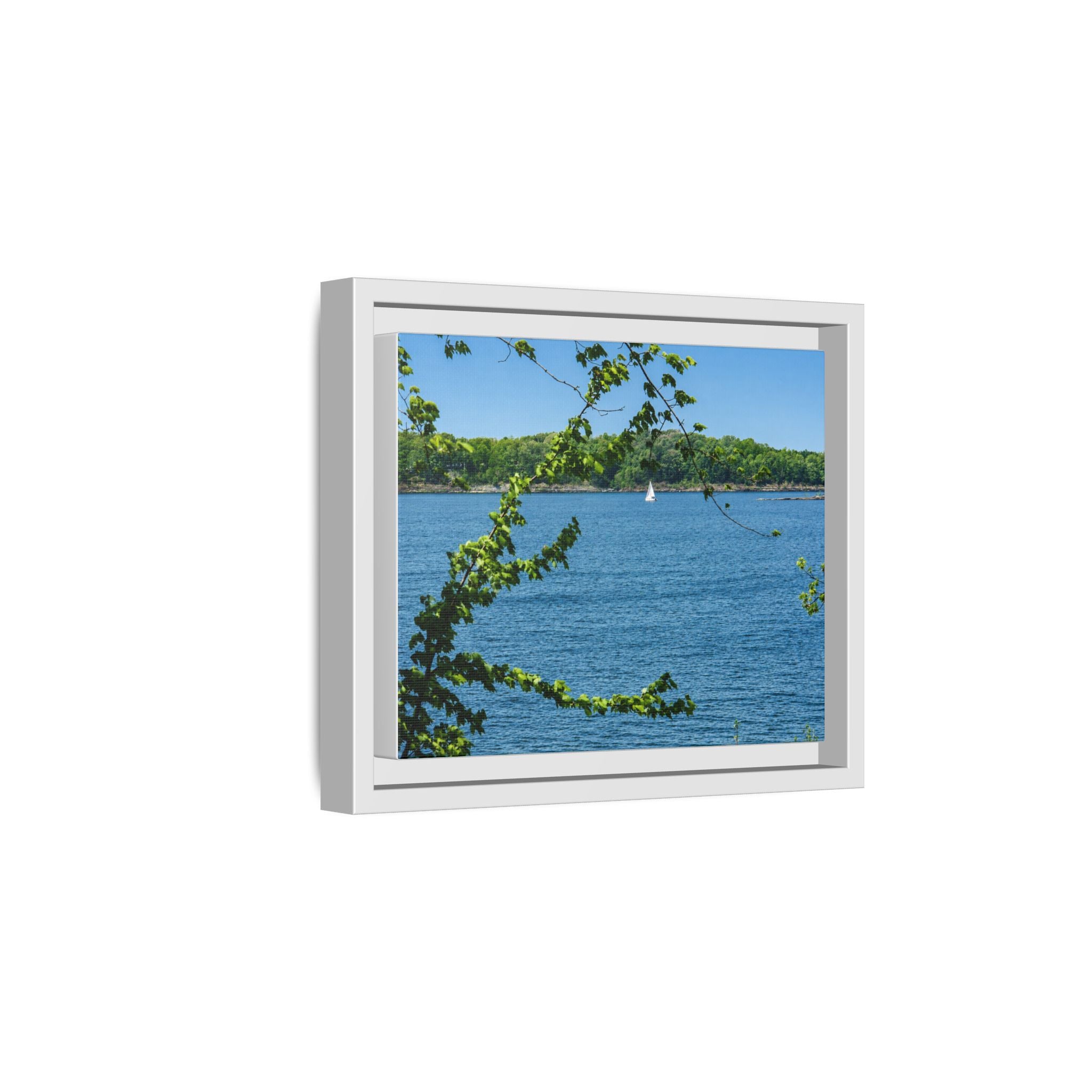 Framed Matte Canvas Print — Lakeside Sailboat Wall Art