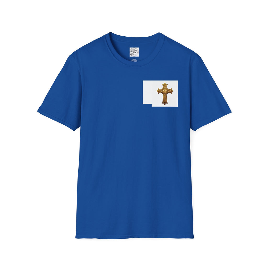 Gold Celtic Cross Pocket T‑Shirt — Small Chest Cross Christian Tee