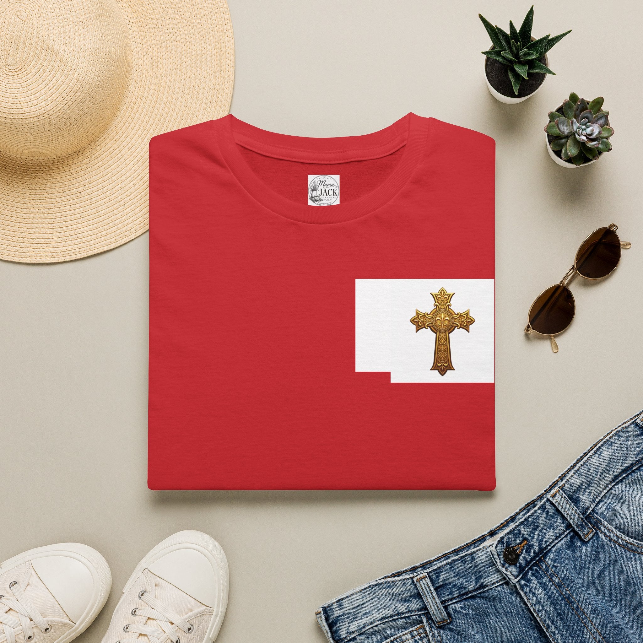Gold Celtic Cross Pocket T‑Shirt — Small Chest Cross Christian Tee