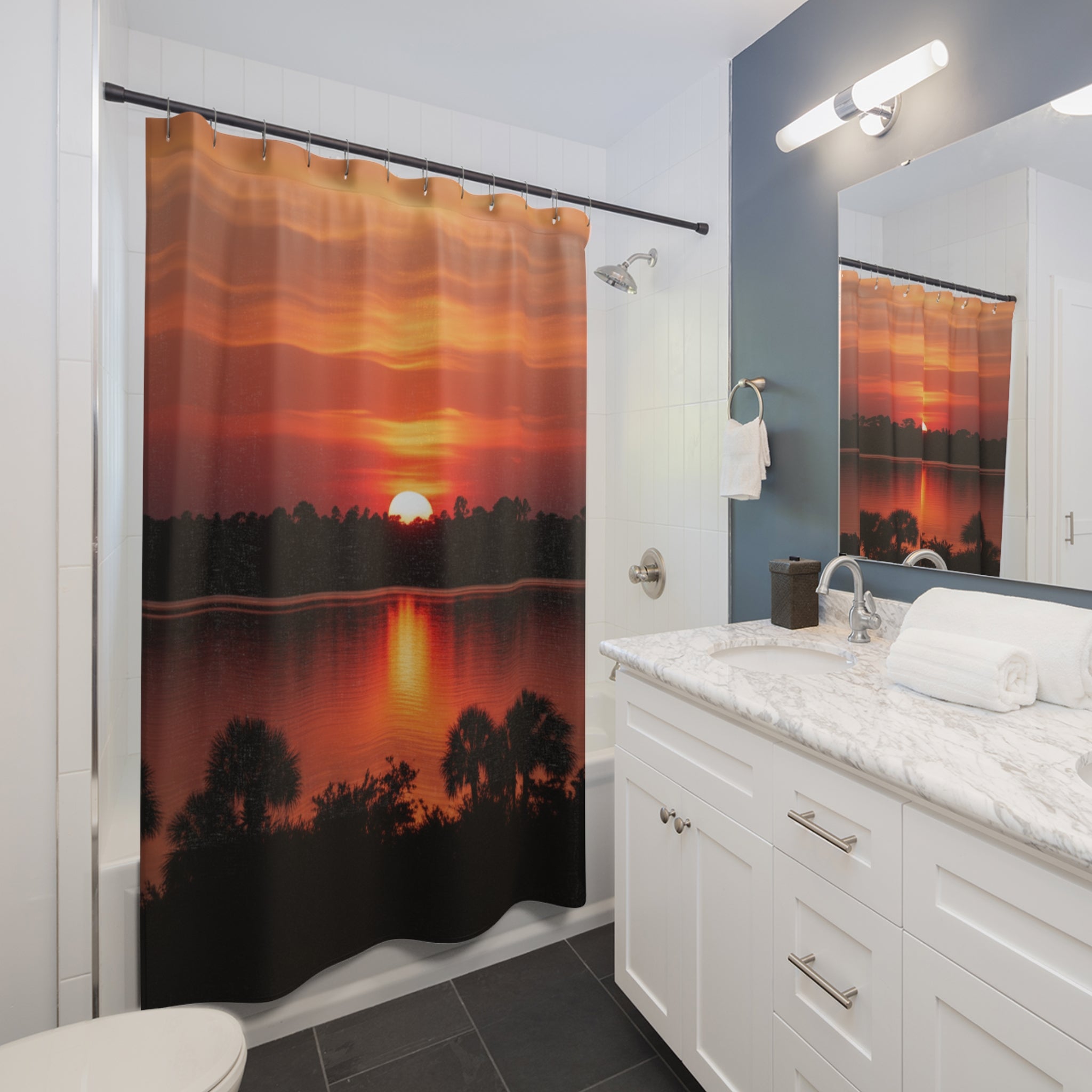 Sunset Reflection Shower Curtain — Tropical Lake Bathroom Decor