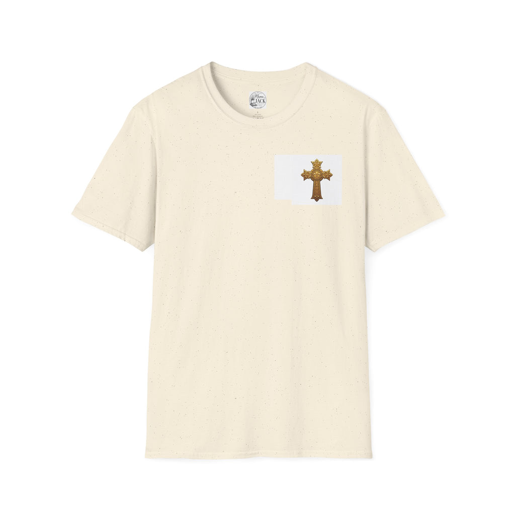 Gold Celtic Cross Pocket T‑Shirt — Small Chest Cross Christian Tee