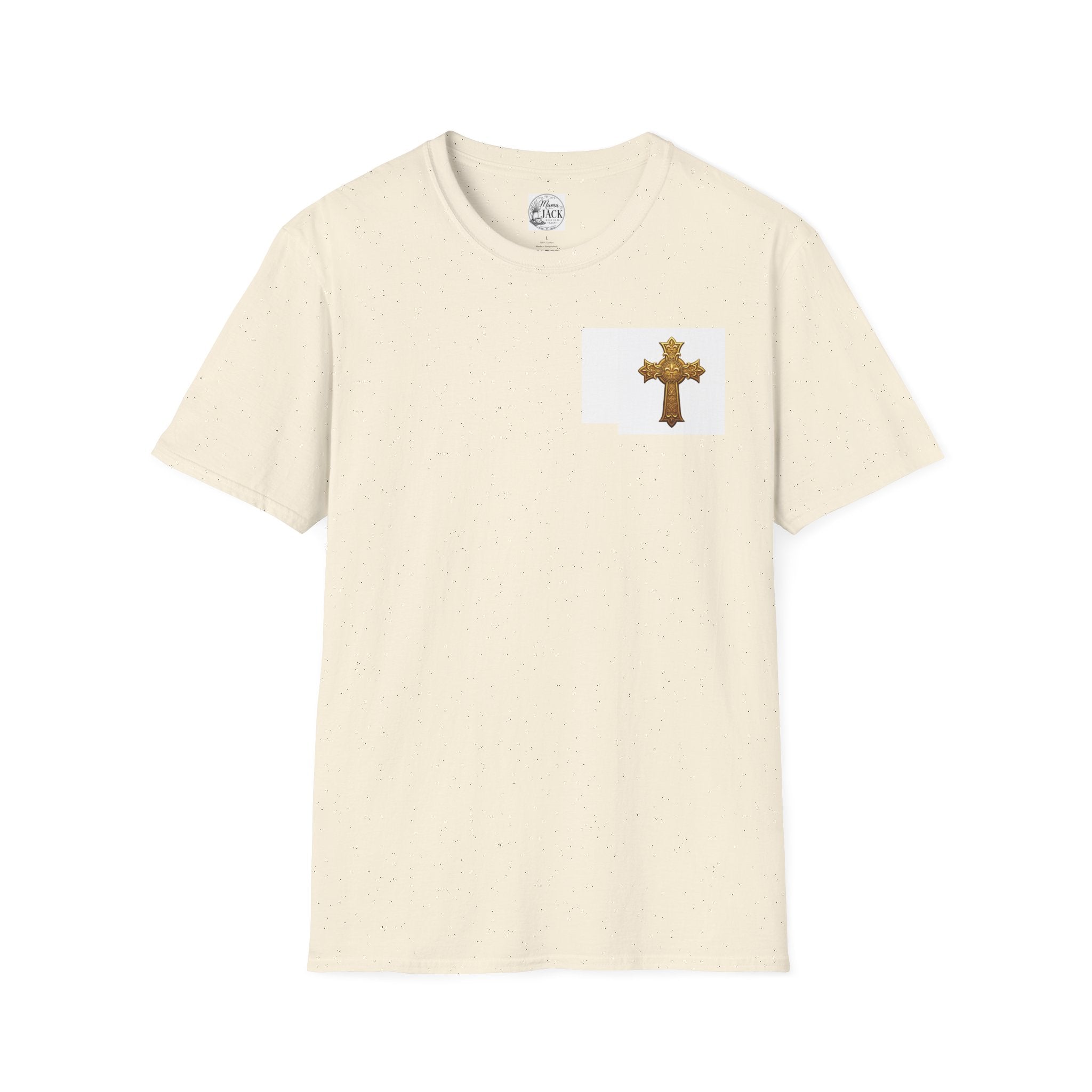 Gold Celtic Cross Pocket T‑Shirt — Small Chest Cross Christian Tee