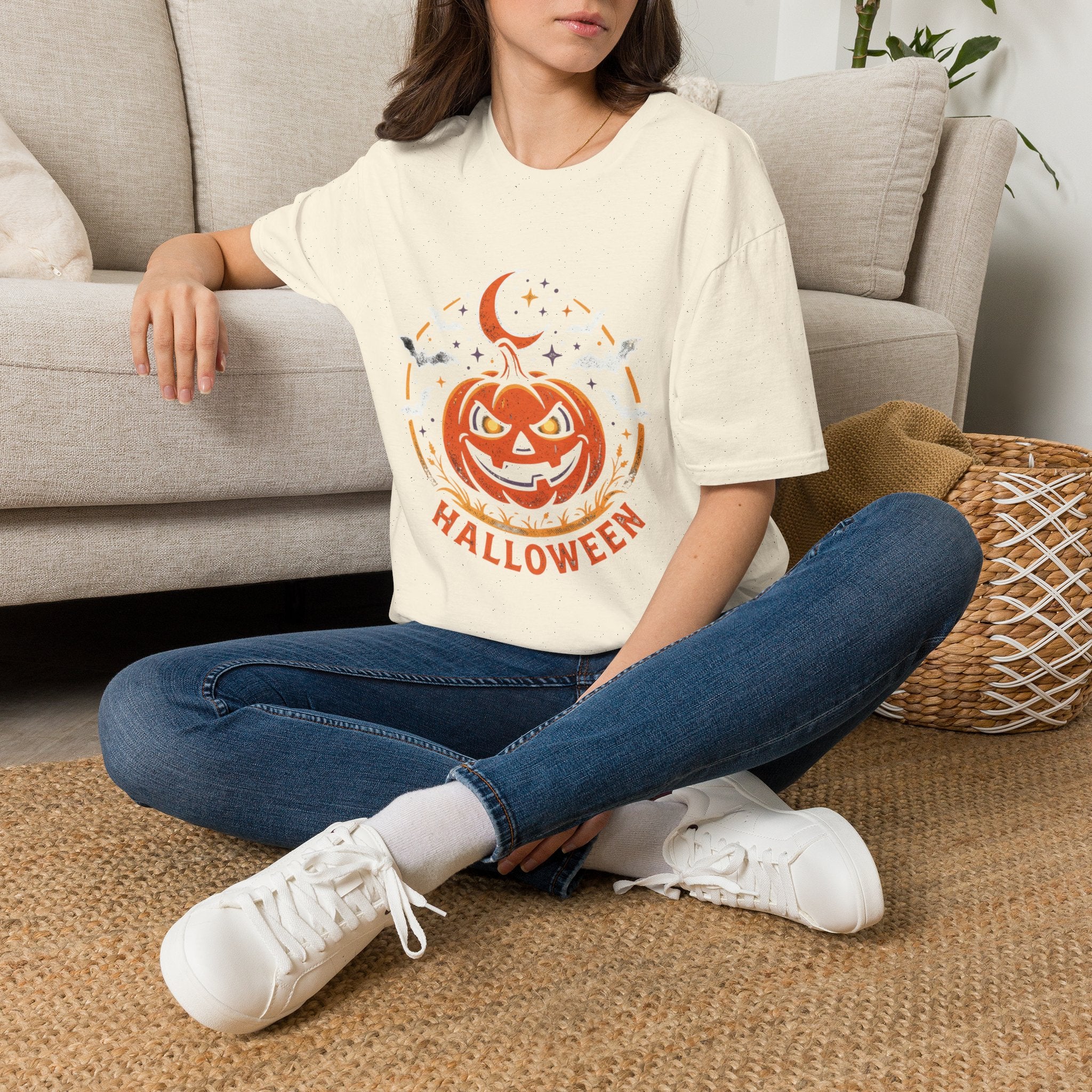 Halloween Pumpkin Tee — Jack-O'-Lantern Moon & Bats Graphic T-Shirt