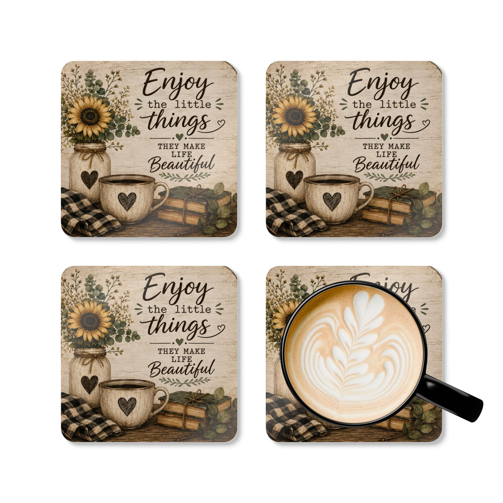 Enjoy the Little Things Cork Coaster Set – Rustic Sunflower Kitchen Decor (4-Pack)