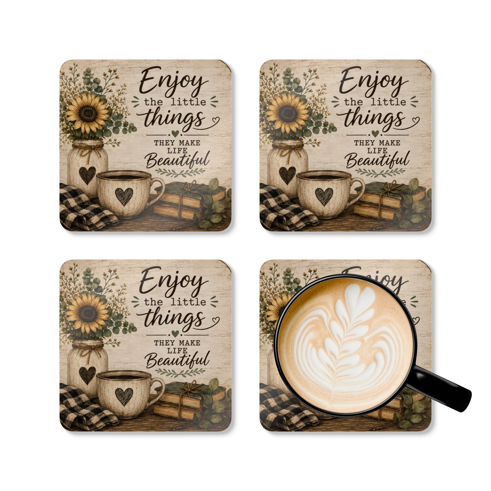 Enjoy the Little Things Cork Coaster Set – Rustic Sunflower Kitchen Decor (4-Pack)