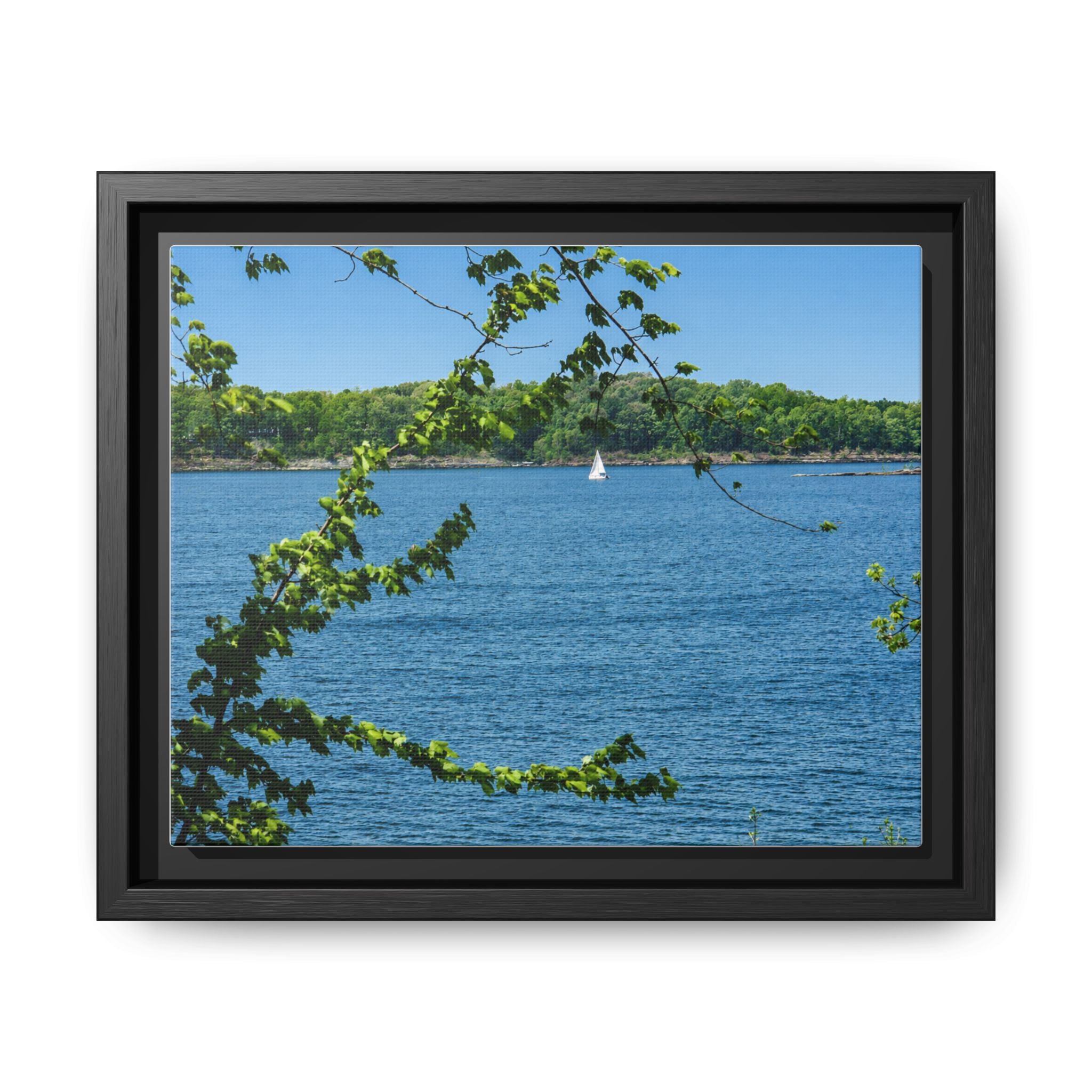 Framed Matte Canvas Print — Lakeside Sailboat Wall Art