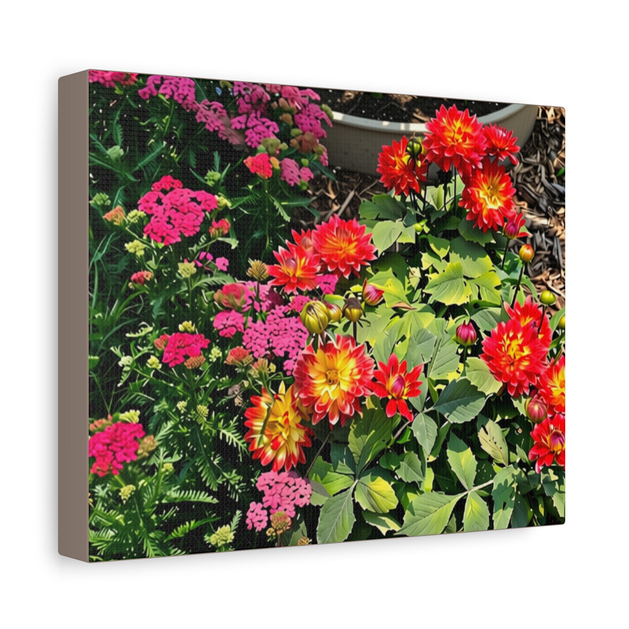 Floral Garden Canvas Print — Vibrant Red & Pink Dahlias Stretched Wall Art