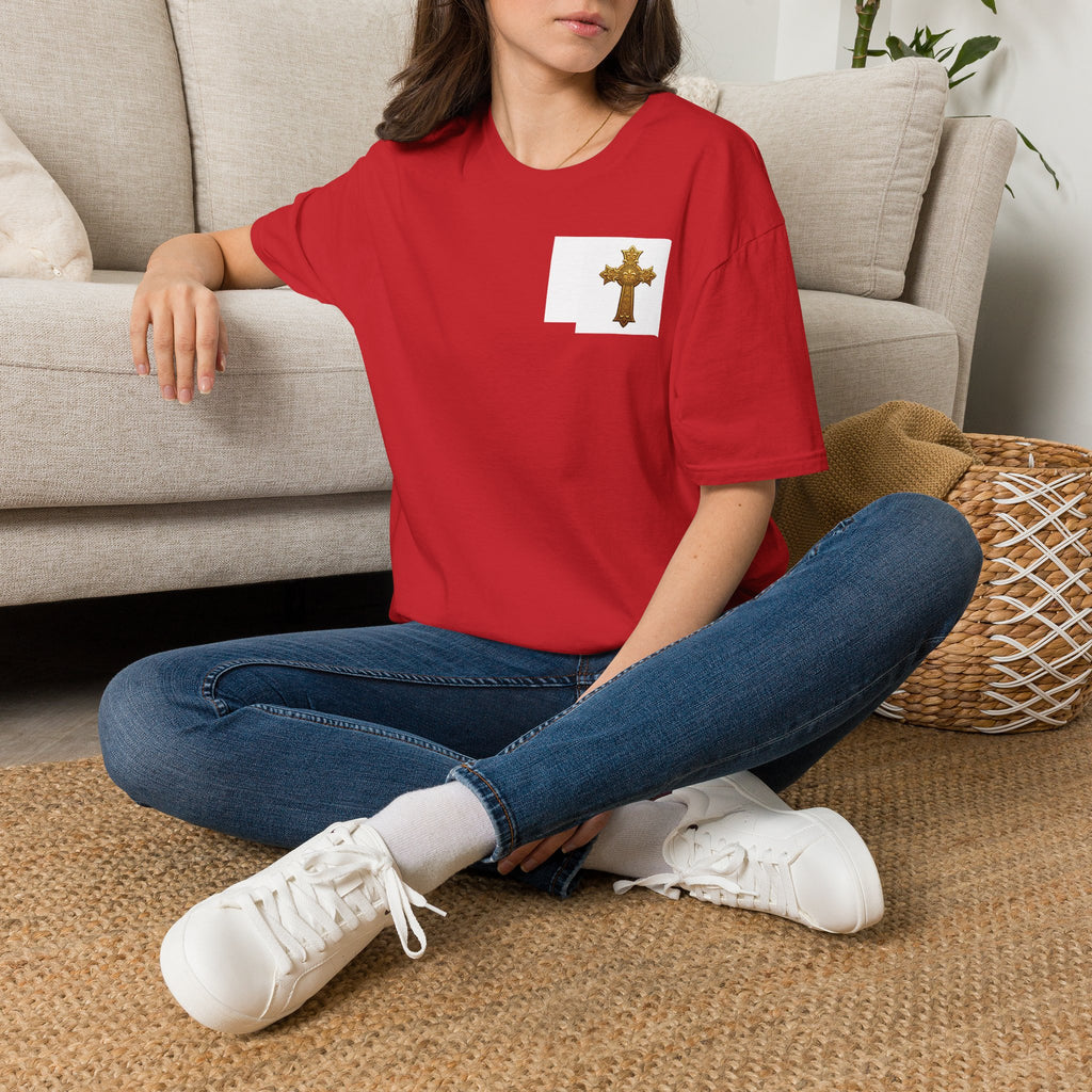 Gold Celtic Cross Pocket T‑Shirt — Small Chest Cross Christian Tee