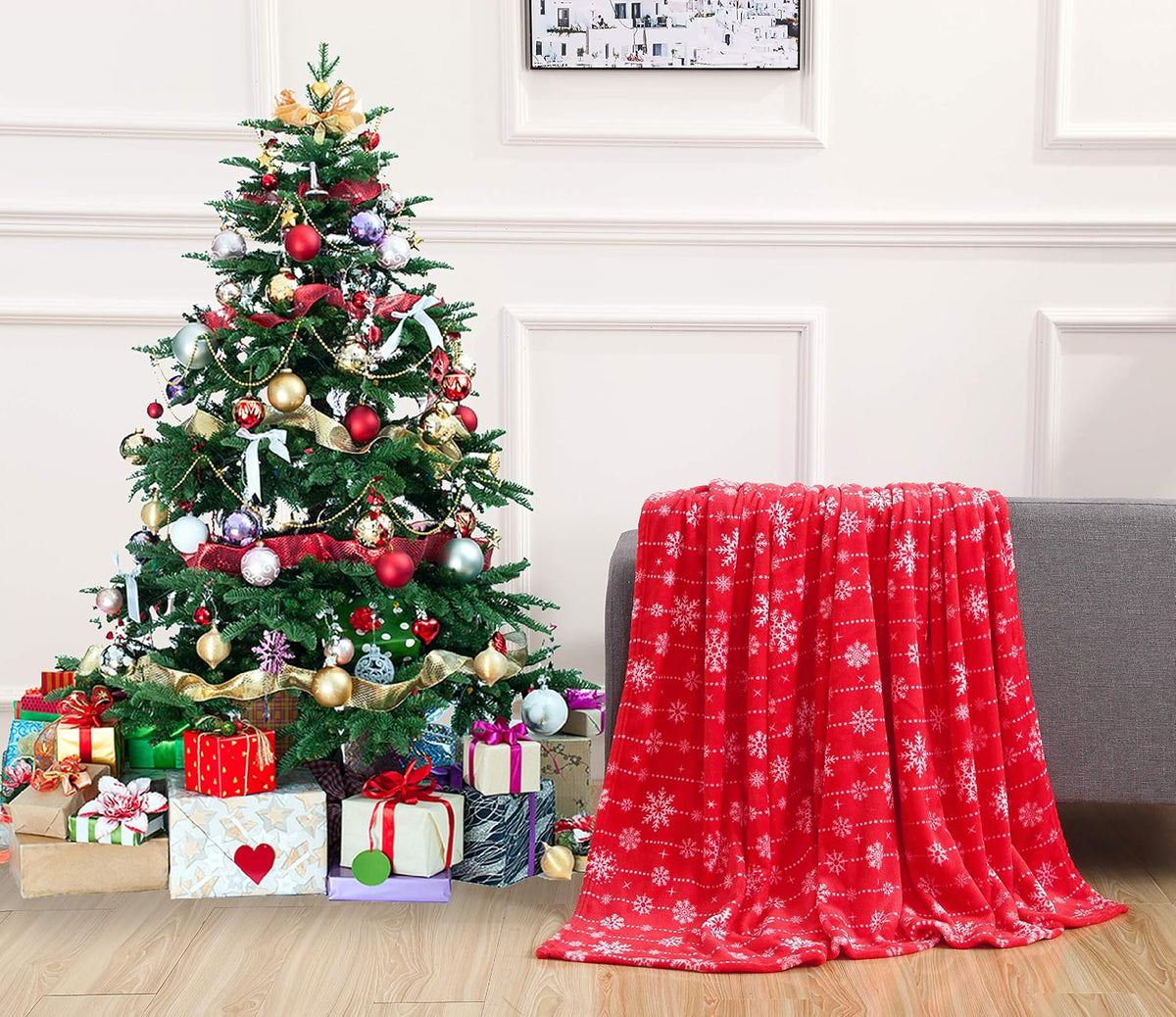 Elegant Comfort Luxury Velvet Super Soft Christmas Prints Fleece Blanket-Holiday Theme Home Décor Fuzzy Warm and Cozy Throws for Winter Bedding, Couch and Gift, 50 x 60 inch, Burgundy Reindeer