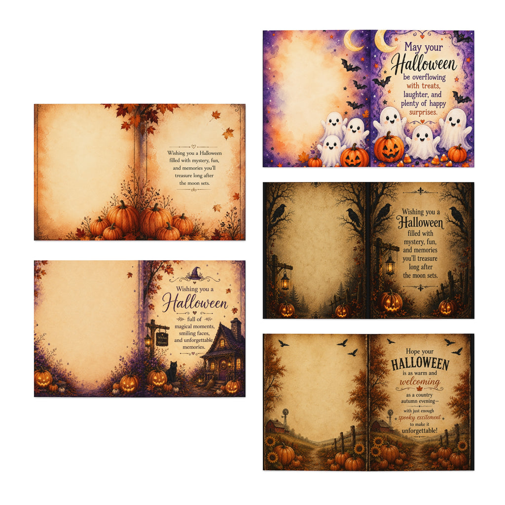 Halloween Greeting Cards 5-Pack — Assorted Spooky & Cute Designs (Boo to You, Happy Haunting, Enter If You Dare)