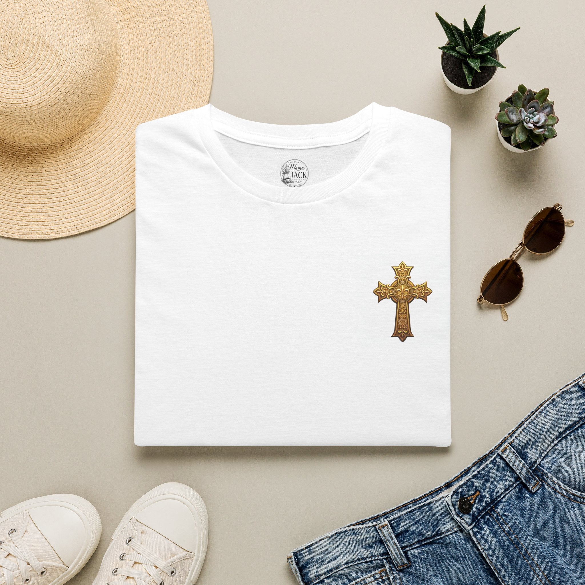 Gold Celtic Cross Pocket T‑Shirt — Small Chest Cross Christian Tee